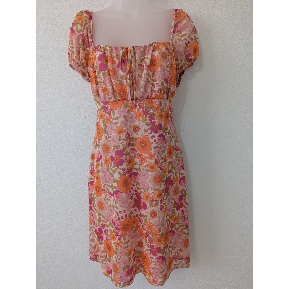 Milkmaid Babydoll Dress Floral Square Neck Puff Sleeve Coquette Women Size 10